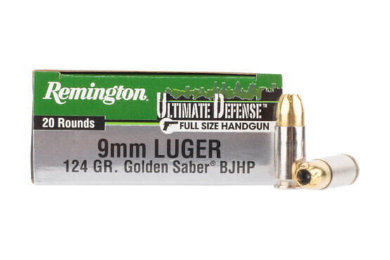 Remington Ultimate Defense 124gr 9mm Luger with jacketed hollow points, 20-rounds per box.